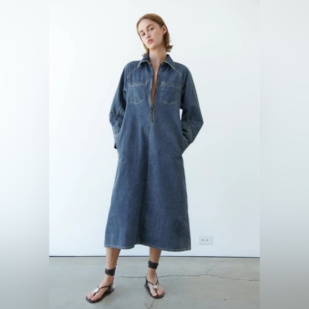 Zara Dark Denim Midi Shirt Dress